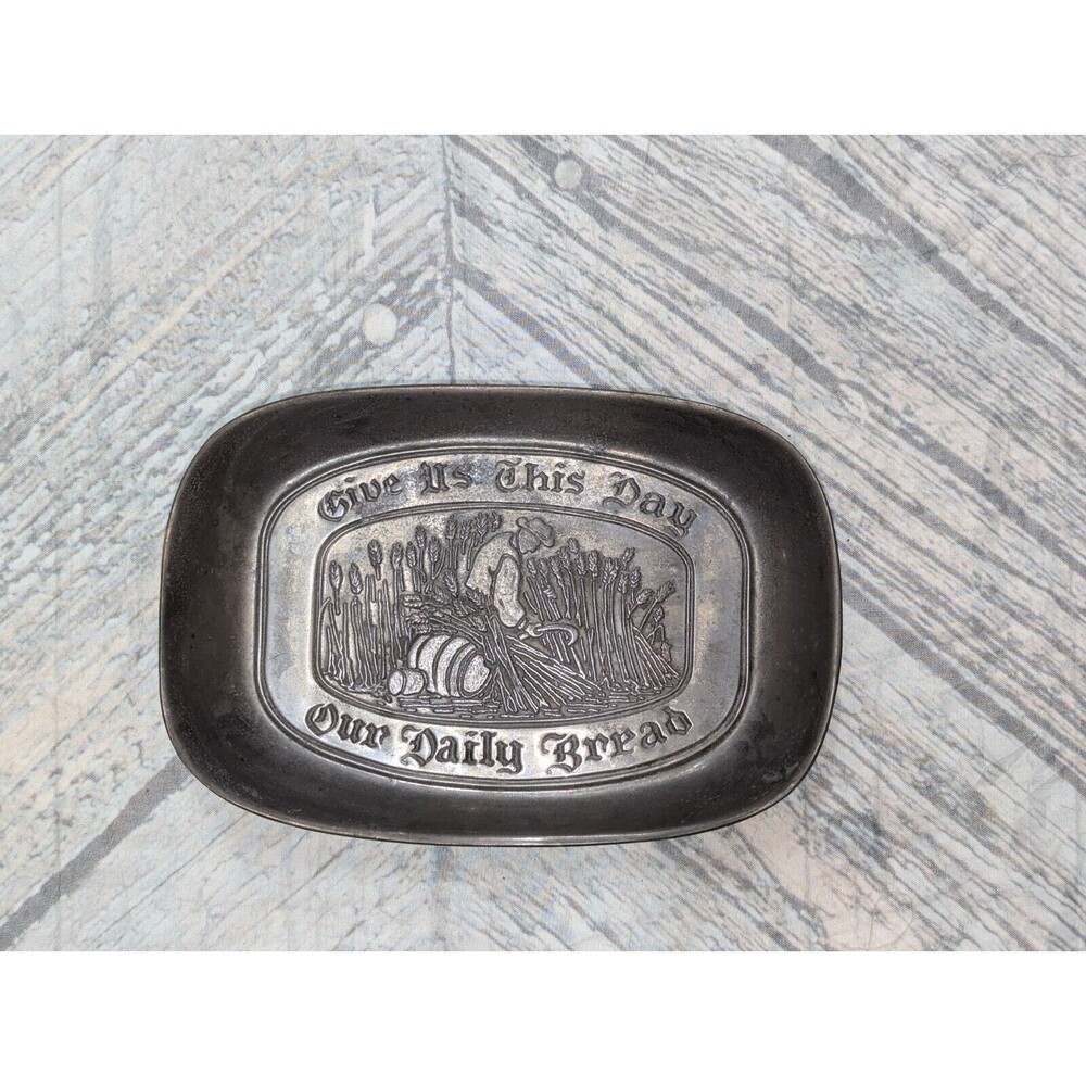 Vintage Duratale By Leonard-Pewter Bowl Plate-Give Us this Day Our Daily Bread